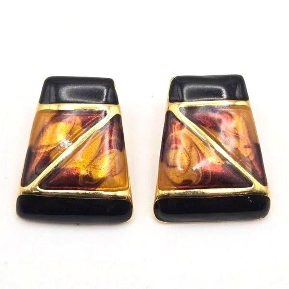 Vintage 80s Gold Tone Trapezoid Post Earrings w/ Amber and Black Swirled Enamel